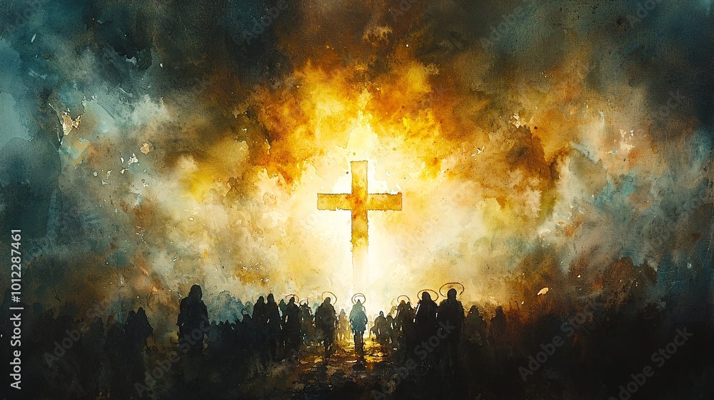 Silhouettes of saints in the sky. Fiery cross behind a crowd of people. Watercolour painting in christian stl. All Saints Day All Souls Day Silhouettes of saints in the sky. Fiery cross behind a crowd of people. Watercolour painting in christian stl. All Saints Day All Souls Day