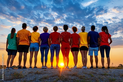 A group of diverse people standing together on a hill, watching a sunrise, symbolizing unity, compassion, and the shared human experience central to humanism