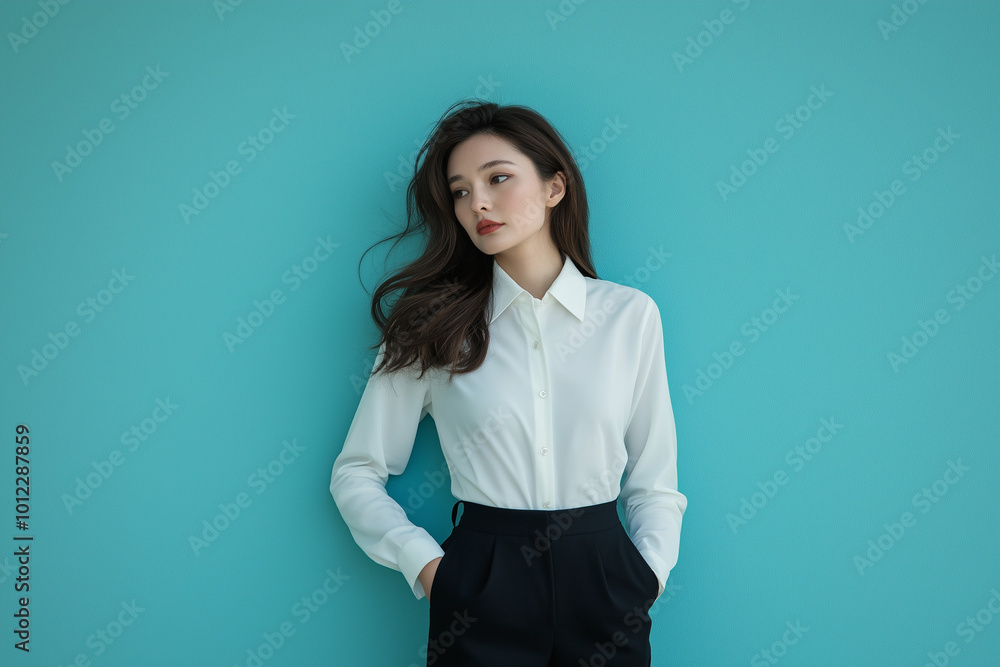 A stylishly dressed Asian woman poses against a bright blue backdrop, embodying confidence and professionalism. A stylishly dressed Asian woman poses against a bright blue backdrop, embodying confidence and professionalism.