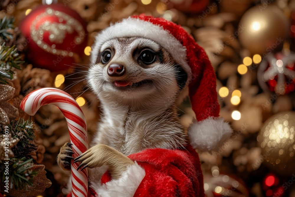 cheerful meerkat dressed in a festive Santa hat joyfully holds a candy cane, surrounded by a beautifully decorated Christmas tree adorned with sparkling ornaments and warm lights. cheerful meerkat dressed in a festive Santa hat joyfully holds a candy cane, surrounded by a beautifully decorated Christmas tree adorned with sparkling ornaments and warm lights.