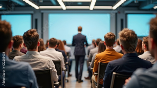 Modern conference room filled with attentive diverse audience listening focused on blurred professional speaker presenter man or college teacher presenting with projection screen in distance at front.