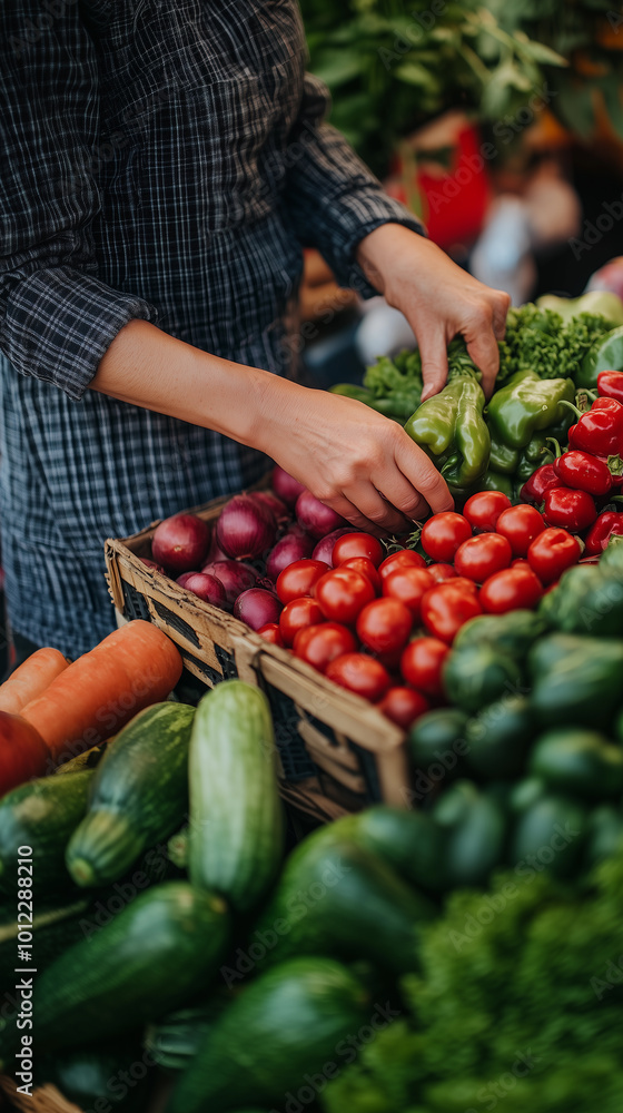 a man's hands working with healthy organic vegetables like tomatoes, lettuce, onions, and carrots from an ecological garden for sustainable food