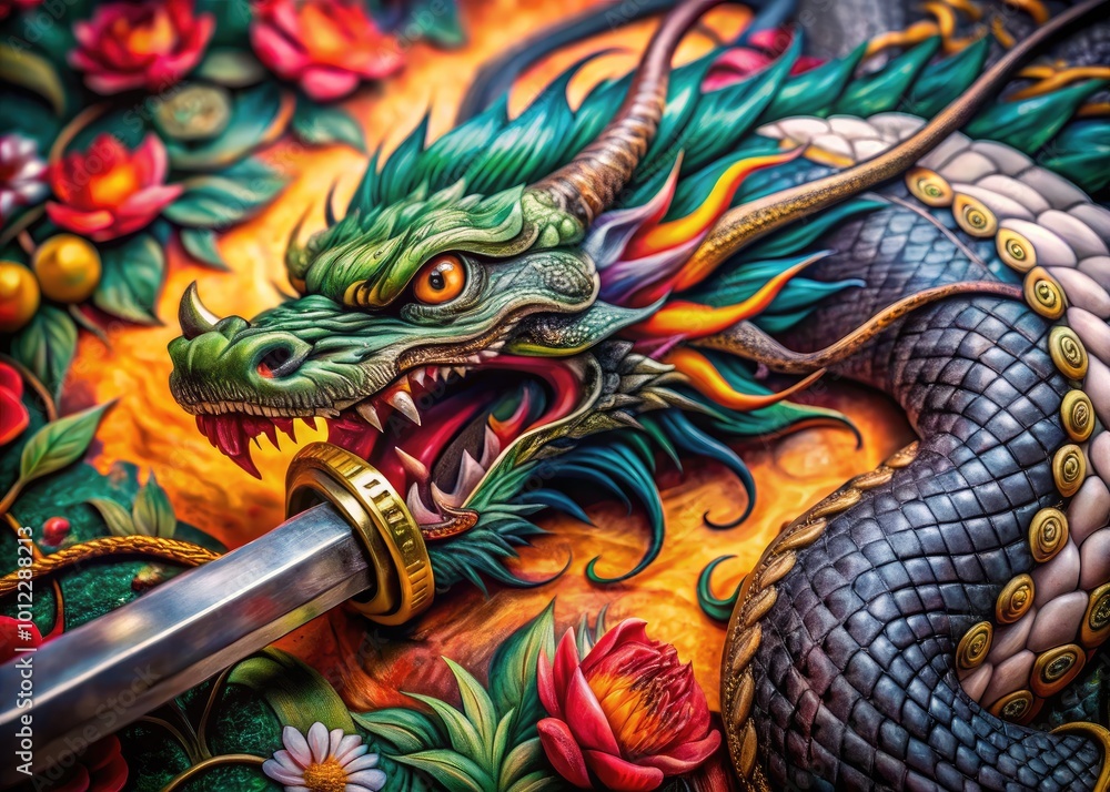 Naklejka premium Intricate Sword and Dragon Tattoo Design Showcasing Fantasy Elements and Detailed Artwork Style
