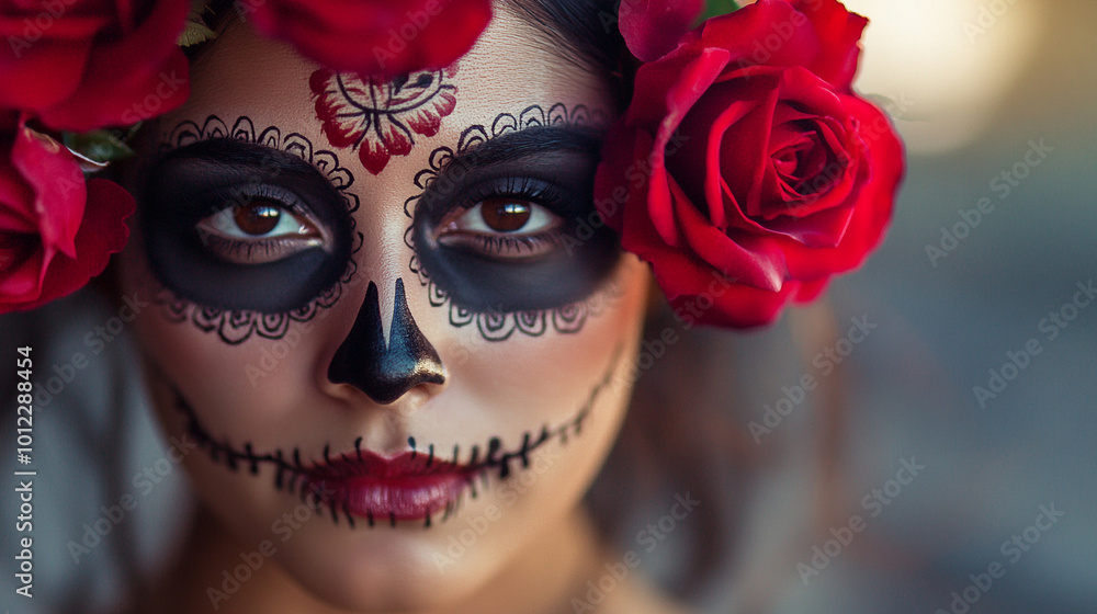 A stunning close-up of a beautiful Mexican woman from Sonora with her face elegantly painted as a Catrina. Her makeup features intricate black and white details with subtle floral accents, symbolizing A stunning close-up of a beautiful Mexican woman from Sonora with her face elegantly painted as a Catrina. Her makeup features intricate black and white details with subtle floral accents, symbolizing