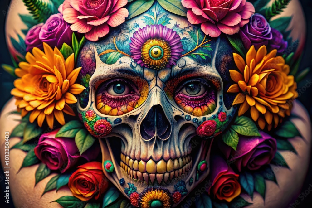 Naklejka premium Intricate Tattoo Design Featuring a Flower Skull with Detailed Floral Elements and Artistic Flair