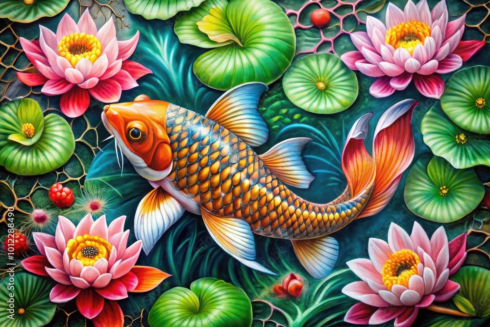 Intricate Tattoo Design Featuring a Koi Fish Swimming Among Beautiful Lotus Flowers and Leaves Intricate Tattoo Design Featuring a Koi Fish Swimming Among Beautiful Lotus Flowers and Leaves