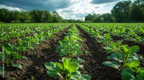 A wide shot of a field of green plants growing in rows. The soil is brown and the sky is cloudy.