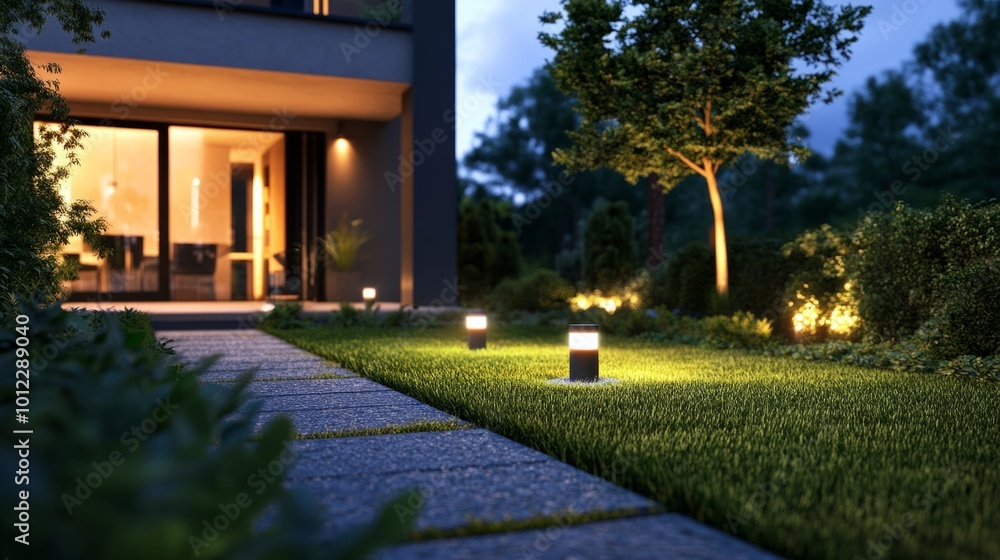 Obraz premium Contemporary house with minimalist design and outdoor lighting generative ai