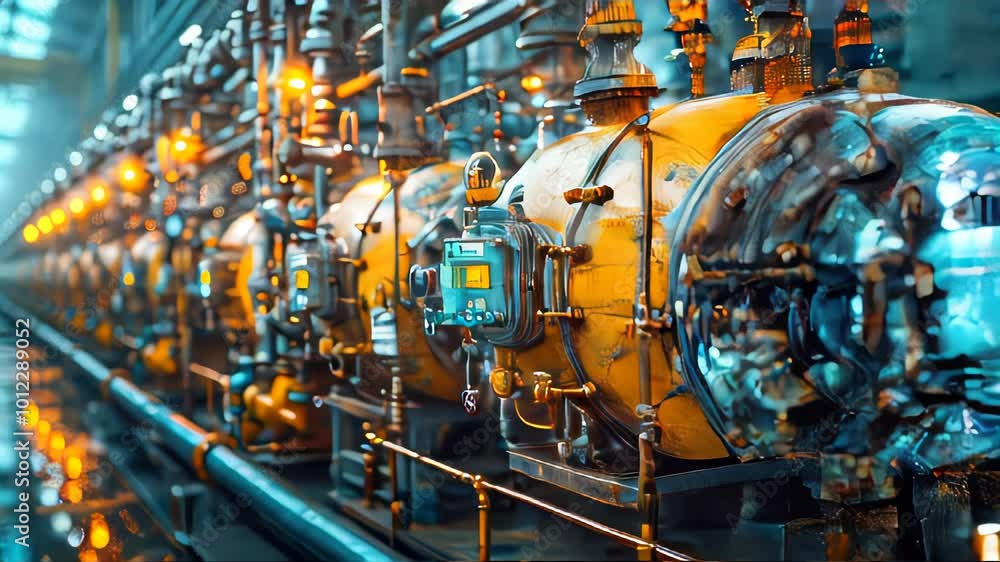 Industrial zone, Steel pipelines and cables in blue tones, oil refining petrochemical equipment and heat exchanger tanks Industrial zone, Steel pipelines and cables in blue tones, oil refining petrochemical equipment and heat exchanger tanks