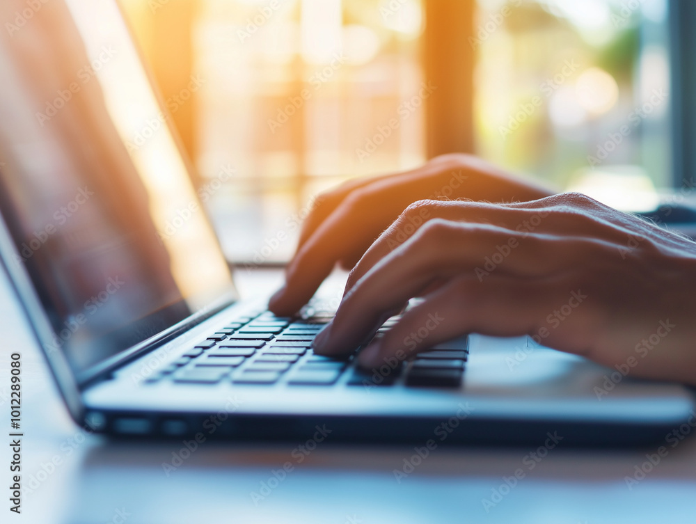 A close-up of hands typing on a laptop keyboard in a warm, sunlit workspace. The image conveys focus, productivity, and modern technology, perfect for illustrating remote work or digital tasks. A close-up of hands typing on a laptop keyboard in a warm, sunlit workspace. The image conveys focus, productivity, and modern technology, perfect for illustrating remote work or digital tasks.