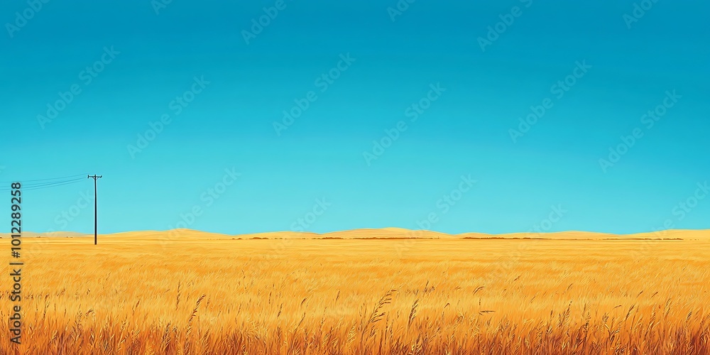 Fototapeta premium Single Power Line in a Field with Blue Sky