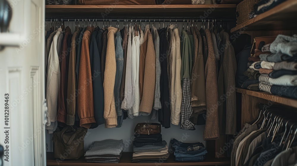 Minimalist wardrobe with neutral toned clothes and organized shelves for modern living spaces Minimalist wardrobe with neutral toned clothes and organized shelves for modern living spaces