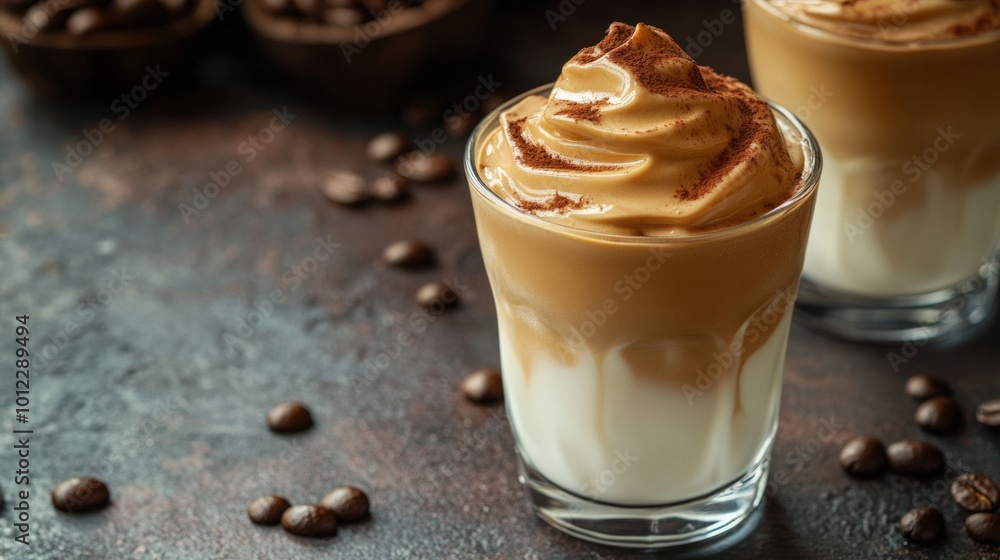 Dalgona Coffee. Smooth and creamy iced whipped drink with coffee and milk foam generative ai Dalgona Coffee. Smooth and creamy iced whipped drink with coffee and milk foam generative ai