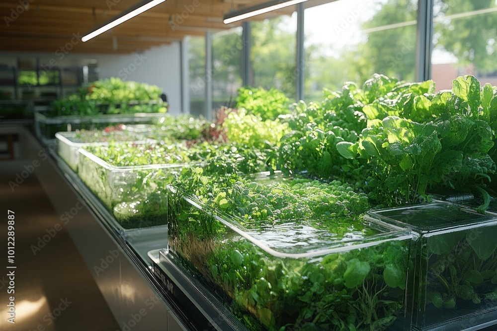 A modern greenhouse with rows of hydroponically grown lettuce. A modern greenhouse with rows of hydroponically grown lettuce.