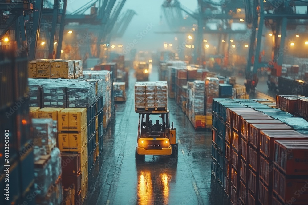 A forklift drives through a busy port in the rain, surrounded by stacks of cargo containers. A forklift drives through a busy port in the rain, surrounded by stacks of cargo containers.