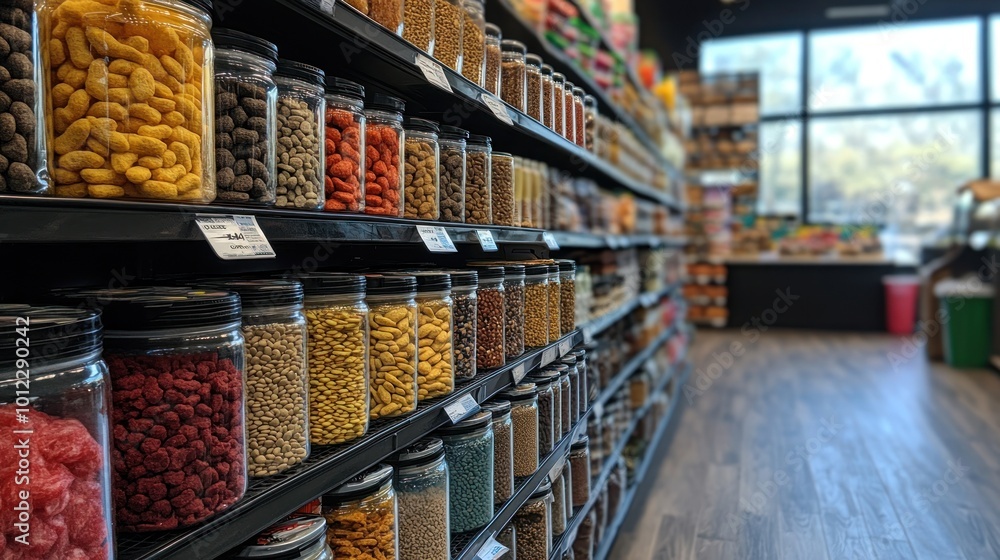 Fototapeta premium A grocery store aisle with shelves stocked with various bulk items in clear glass jars.