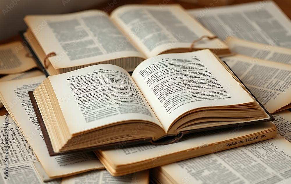 Obraz premium Opened Book on a pile of old books, panorma, good copy space