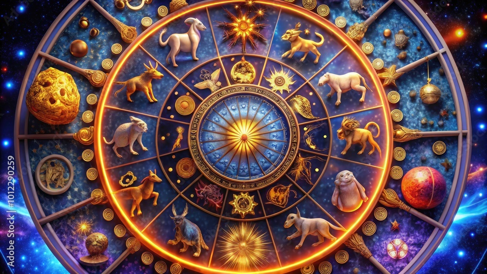Obraz premium Intricate Zodiac Symbols Representing Each Astrological Sign in a Vibrant Celestial Design