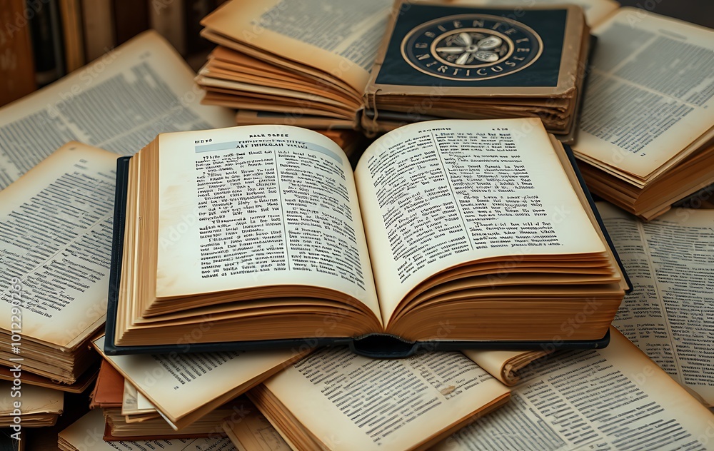 Obraz premium Opened Book on a pile of old books, panorma, good copy space