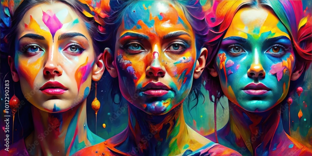 Obraz premium Intriguing Abstract Art Composition Featuring Stylized Faces in Vibrant Colors and Shapes