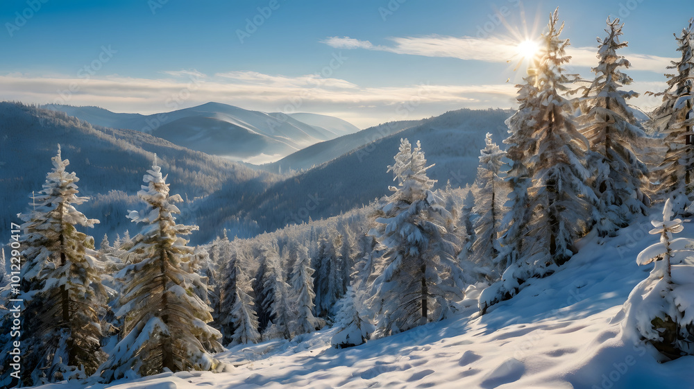 Snow-covered trees in a peaceful winter forest landscape during daytime, featuring a white, ice-cold nature scene in the woods Snow-covered trees in a peaceful winter forest landscape during daytime, featuring a white, ice-cold nature scene in the woods