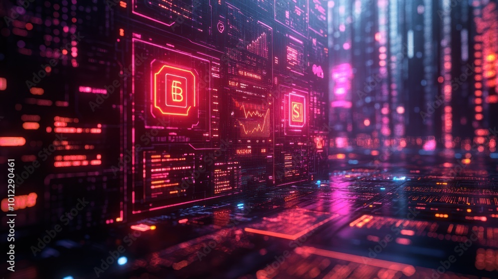 A futuristic, cyberpunk-style digital display with glowing red and pink lights displaying data and graphs, set against a background of blurry city lights. A futuristic, cyberpunk-style digital display with glowing red and pink lights displaying data and graphs, set against a background of blurry city lights.