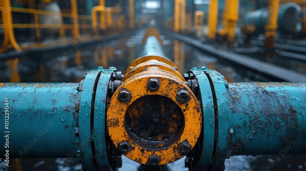 Close-up of a rusty blue and yellow pipe joint in an industrial setting. Close-up of a rusty blue and yellow pipe joint in an industrial setting.