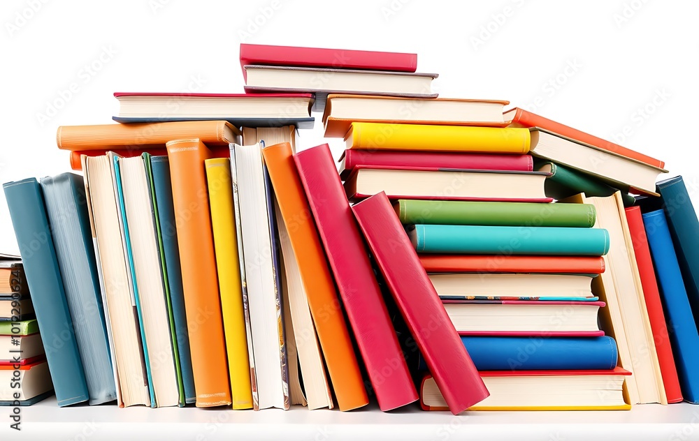 Books. A lot of books with bright covers in one pile isolated on white background. Place for text. Design element, paper and leather texture. Colorful books on the shelf, close up Books. A lot of books with bright covers in one pile isolated on white background. Place for text. Design element, paper and leather texture. Colorful books on the shelf, close up
