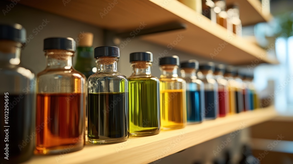 Vibrant collection of colorful oil bottles on wooden shelf for aromatherapy and home decor Vibrant collection of colorful oil bottles on wooden shelf for aromatherapy and home decor