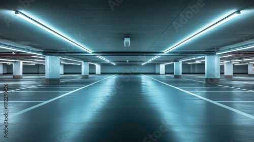 Modern Underground Parking Garage with Bright Fluorescent Lighting and Empty Parking Spaces in a Sleek Urban Setting