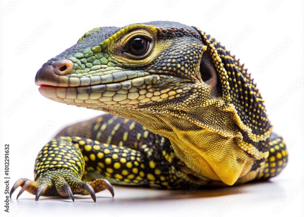 Fototapeta premium Isolated Monitor Lizard on White Background Showcasing Unique Scales and Distinctive Features