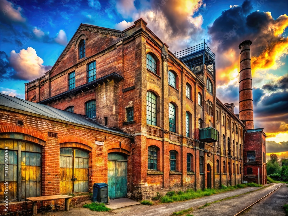 Isolated Old Factory Building with Weathered Brick Walls and Industrial Architecture Against Clear Sky Isolated Old Factory Building with Weathered Brick Walls and Industrial Architecture Against Clear Sky