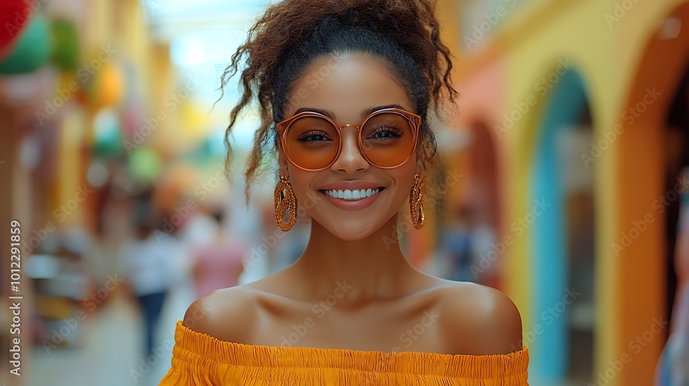 A smiling woman with sunglasses, wearing an orange top, in front of a colorful background. A smiling woman with sunglasses, wearing an orange top, in front of a colorful background.