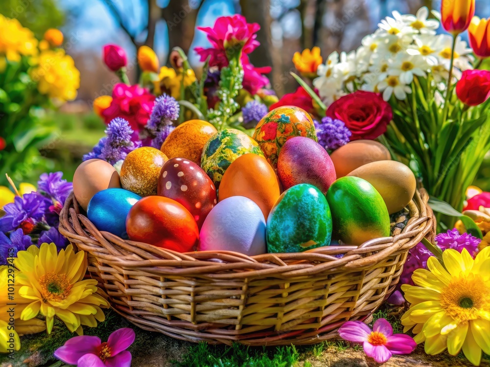 Joyeuses Pâques: Easter Celebration with Colorful Eggs, Flowers, and Springtime Decorations in France Joyeuses Pâques: Easter Celebration with Colorful Eggs, Flowers, and Springtime Decorations in France