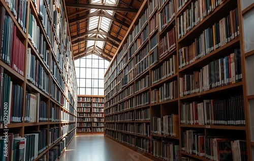 Library with many shelves and books, diminishing perspective and shallow dof 