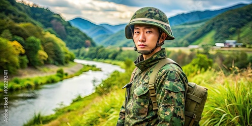 Japanese soldier in camouflage uniform standing alert in a serene natural landscape of Japan