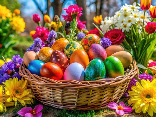 Joyeuses Pâques: Easter Celebration with Colorful Eggs, Flowers, and Springtime Decorations in France