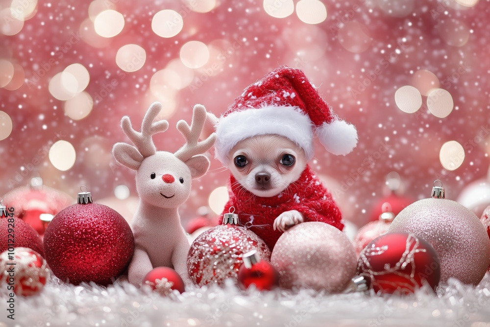 Adorable Chihuahua puppy wearing a festive Santa hat and red sweater, sitting amidst glittering red and pink Christmas ornaments. Adorable Chihuahua puppy wearing a festive Santa hat and red sweater, sitting amidst glittering red and pink Christmas ornaments.