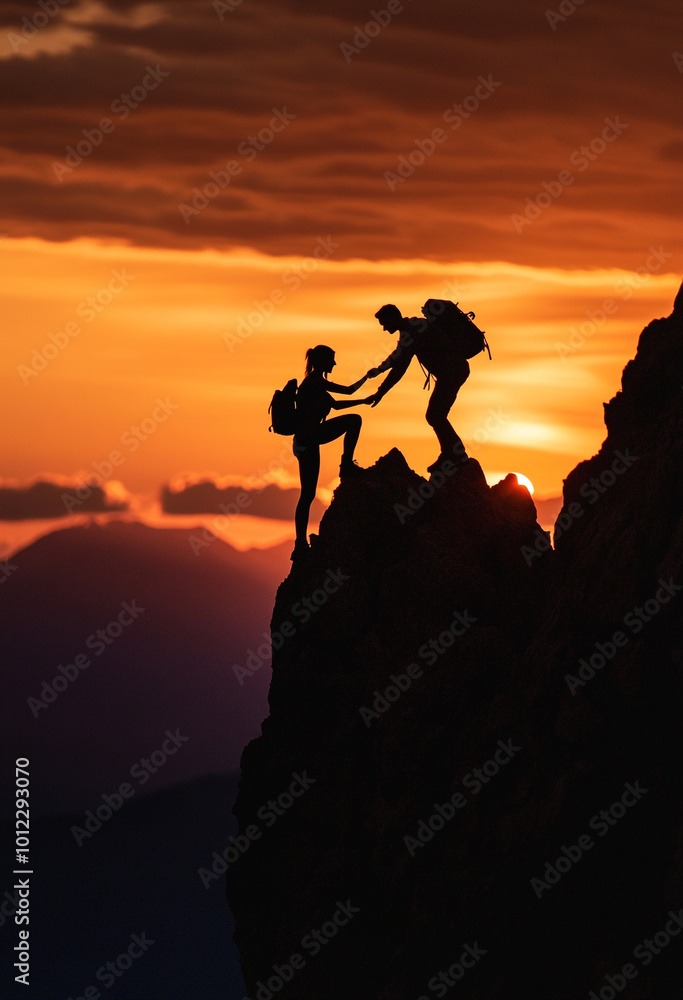 Fototapeta premium Silhouette of a man helping a woman reach a mountain peak, symbolizing help and support in the silhouette style. 