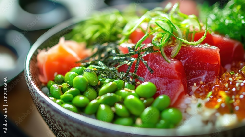 Close-up of deconstructed sushi bowl with fresh tuna, edamame, seaweed, and rice Close-up of deconstructed sushi bowl with fresh tuna, edamame, seaweed, and rice