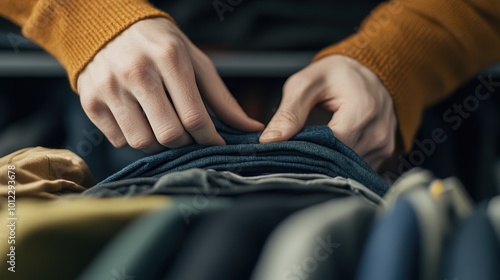 Sustainable fashion: close-up of hands folding second-hand clothing for eco-friendly wardrobe organization