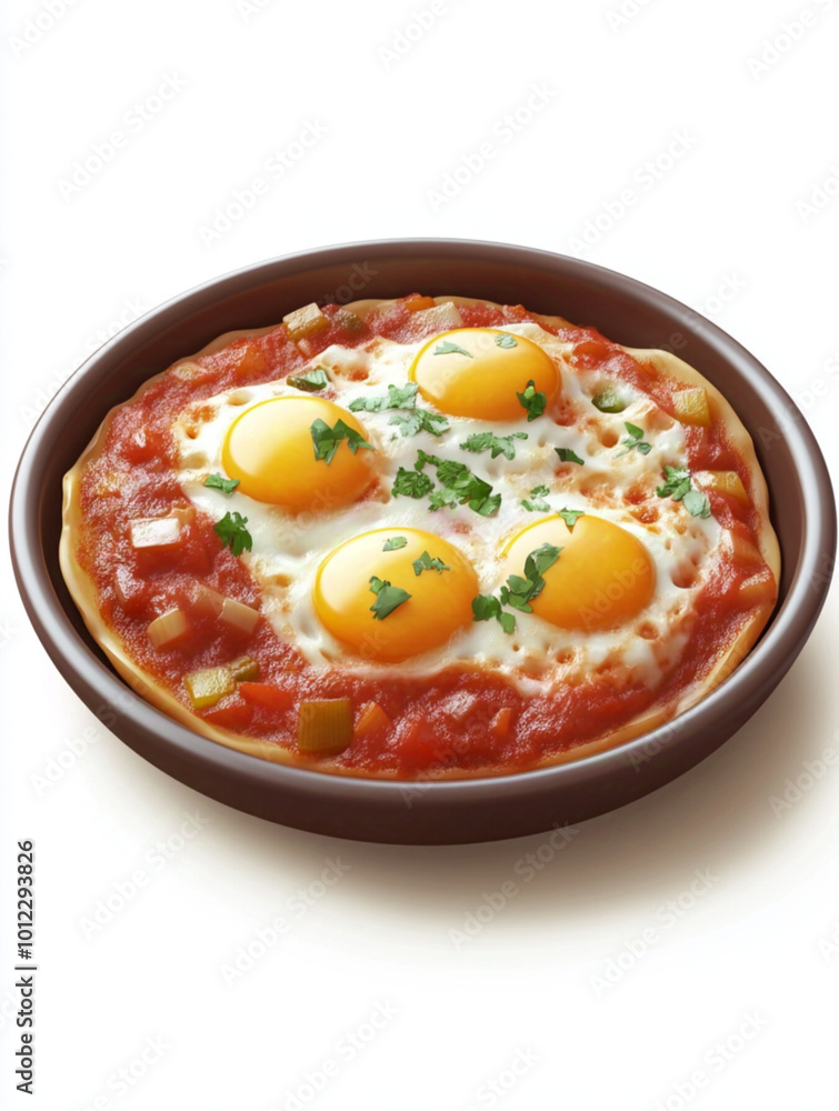 a Shakshuka on a plate 3D icon, isometric, white background, 3D rendering, soft lighting, advanced color scheme a Shakshuka on a plate 3D icon, isometric, white background, 3D rendering, soft lighting, advanced color scheme