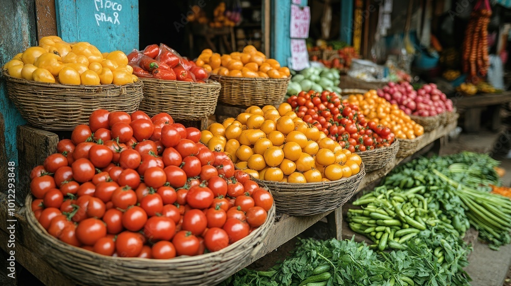 A colorful display of fresh produce, including red tomatoes, yellow tomatoes, and green vegetables, sits in wicker baskets on a wooden table at an outdoor market. A colorful display of fresh produce, including red tomatoes, yellow tomatoes, and green vegetables, sits in wicker baskets on a wooden table at an outdoor market.