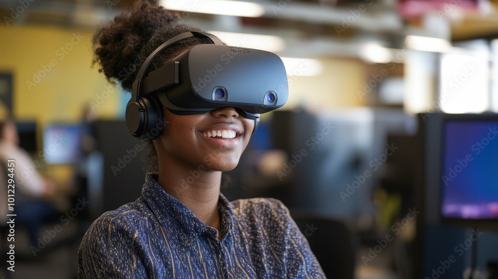 Gen z employee enjoying virtual reality break in modern office setting Gen z employee enjoying virtual reality break in modern office setting