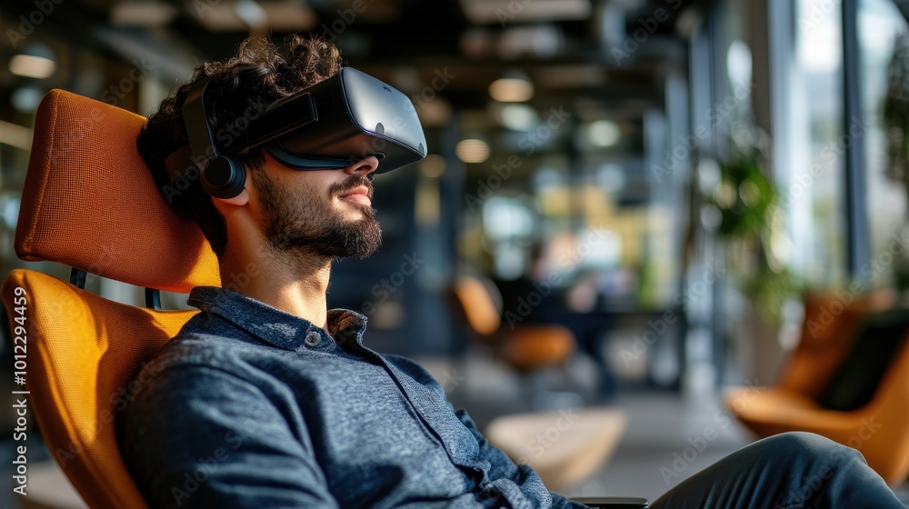 Gen z professional relaxing during virtual reality break in modern office setting Gen z professional relaxing during virtual reality break in modern office setting