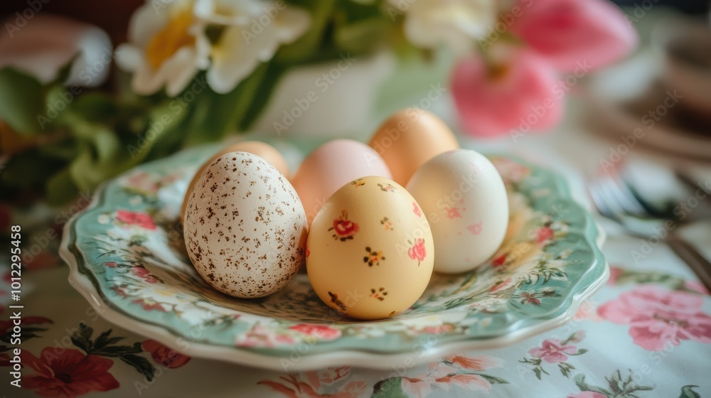 Retro themed floral egg display for spring decoration and easter celebration Retro themed floral egg display for spring decoration and easter celebration
