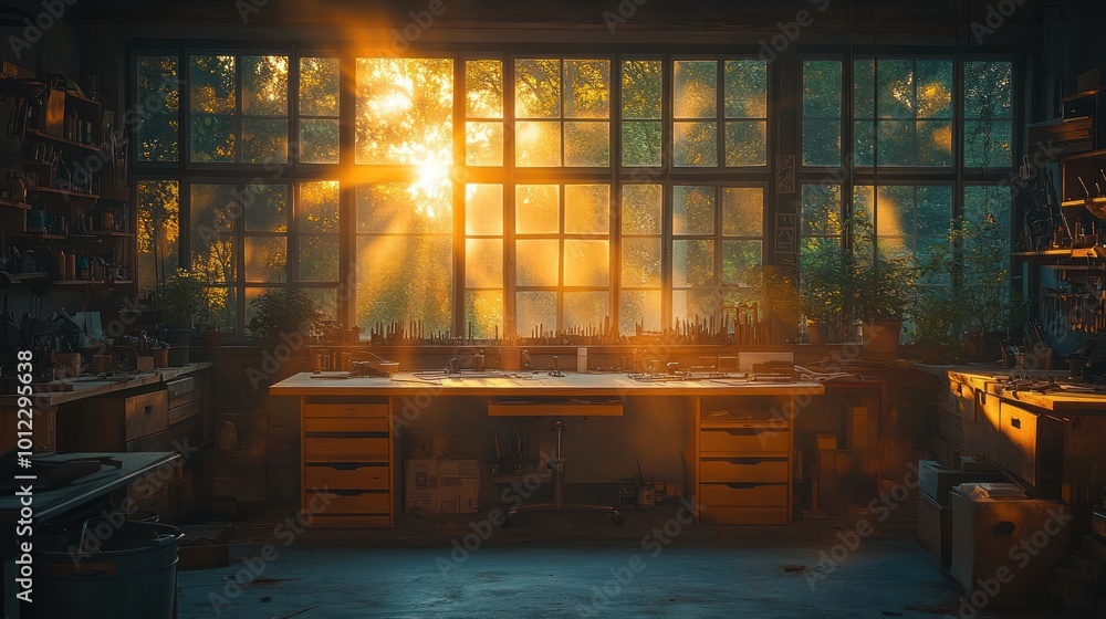 Sunlight streams through a large window in an empty workshop, illuminating a workbench and tools. Sunlight streams through a large window in an empty workshop, illuminating a workbench and tools.