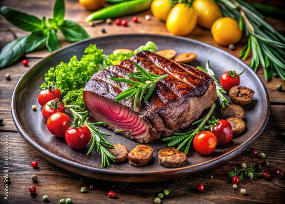 Juicy Medium Rare Steak on a Plate Garnished with Fresh Herbs and Accompanied by Vegetables Juicy Medium Rare Steak on a Plate Garnished with Fresh Herbs and Accompanied by Vegetables