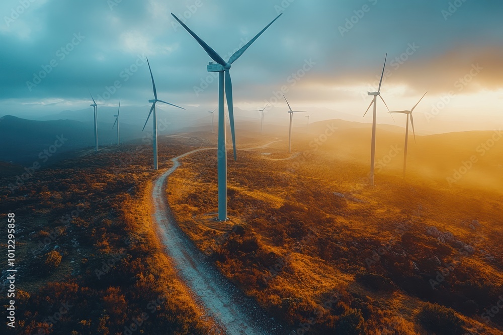 Aerial view of wind turbines on a mountainside at sunset. Aerial view of wind turbines on a mountainside at sunset.