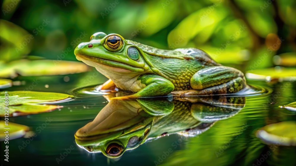 Large Frog in Nature: Vibrant Green Amphibian Resting on a Leaf by a Calm Pond in the Wild Large Frog in Nature: Vibrant Green Amphibian Resting on a Leaf by a Calm Pond in the Wild